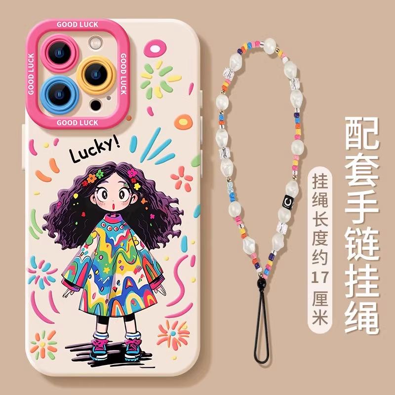 Graffiti girl apple 16promax mobile phone case with lanyard iphone15pro new 14 silicone 13 soft case