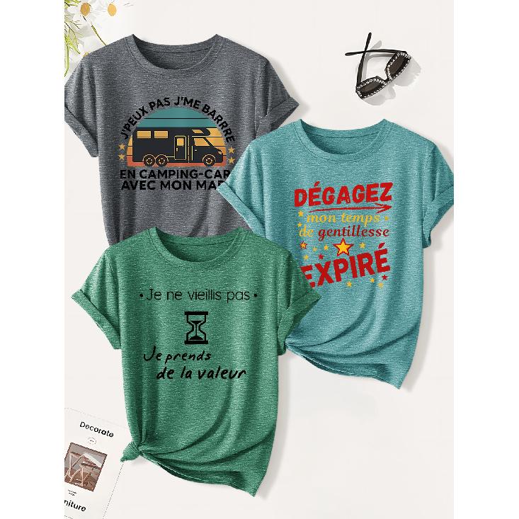 3 Pack of women's summer tops | Sarcastic and tongue-thwarting French print T Shirt | Cute and trendy casual round-neck short-sleeve suit | 2026