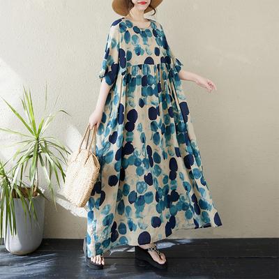 DIMANAF 2024 Übergröße Kleid Neu Sommer Basic Locker Damen O-Ausschnitt Vintage Kurzarm Große Größe Strand Langes Kleid