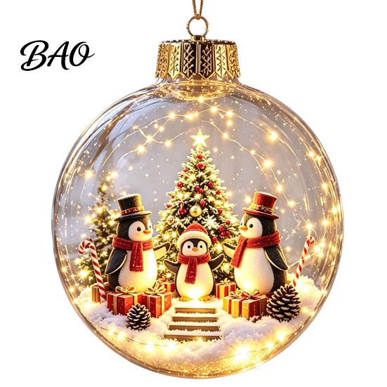 LED Christmas Indoor Decor Lighted Ornaments, 3D Miniature Scene Hanging Balls with Warm Light, Cute Party Supplies Reindeer Penguin Bear Clear