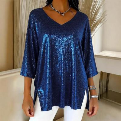 Damskie topy z dekoltem w serek, rękawami 3/4, luźny krój, pulower, jednolity kolor, luźny krój, błyszczący design, casualowe topy, odzież damska