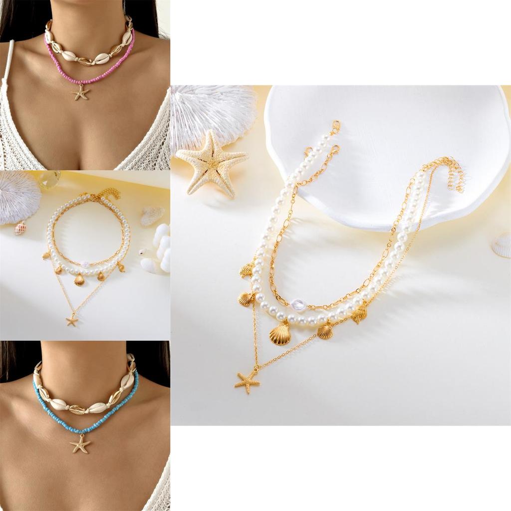 Bohemian Starfish Shell Bead Necklace With Layered Chain For Women