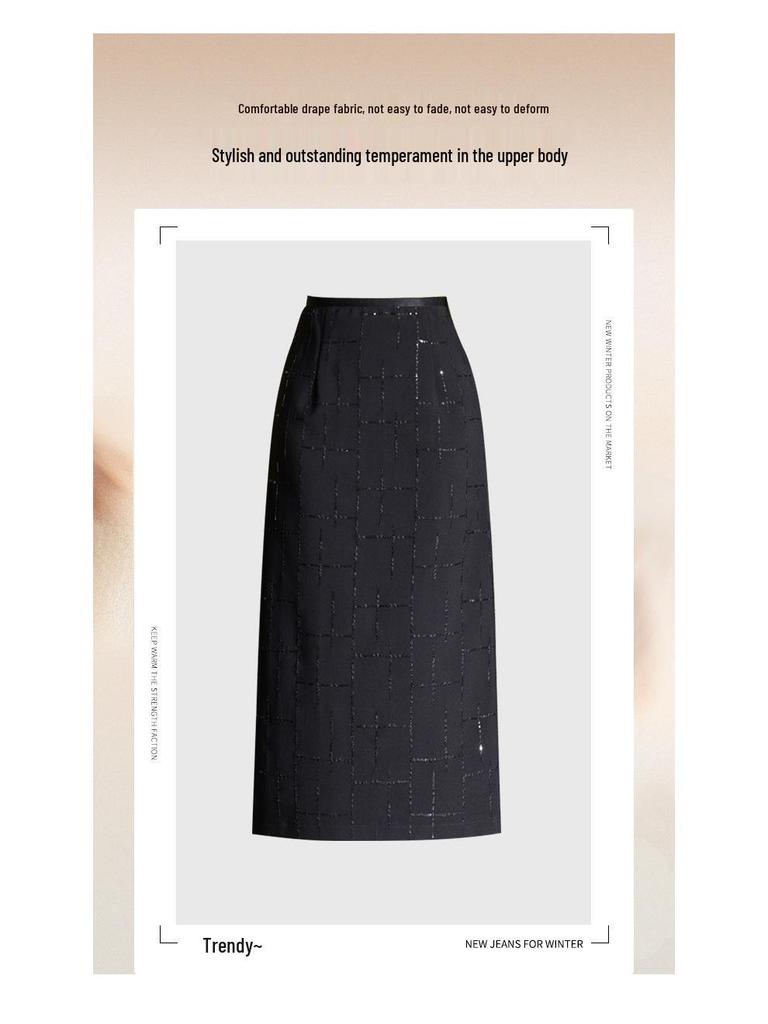 Spring 2026 Black Sequin Slim Bodycon High Waist Midi Pencil Skirt