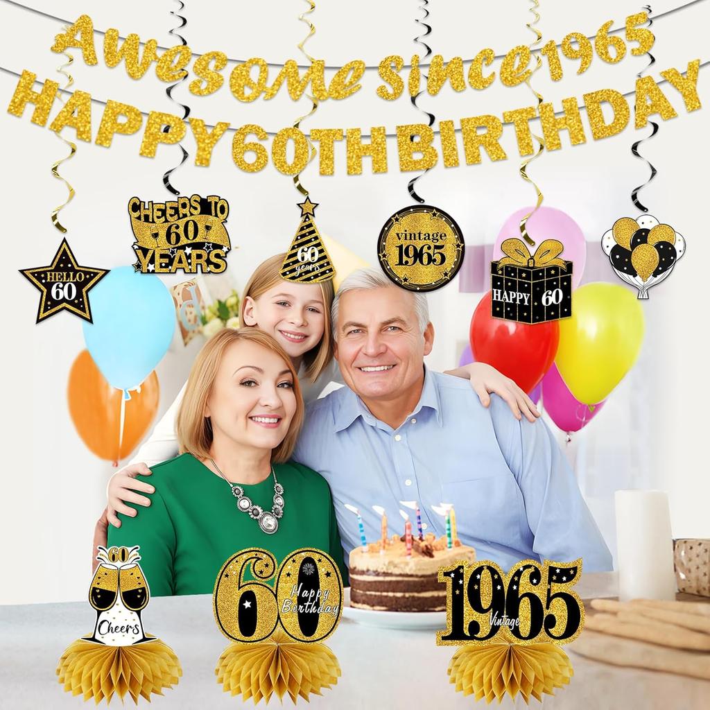 11Pcs 60th Birthday Decorations Kit for Men Women, Black Gold Happy 60th Birthday Banner, Awesome Since 1965 Centerpieces Swirls Party Supplies,
