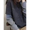 Korean Style Striped Patchwork Long Sleeve Women's Thermal T-Shirt - Versatile Fake Two-Piece Fleece Layer for Autumn/Winter