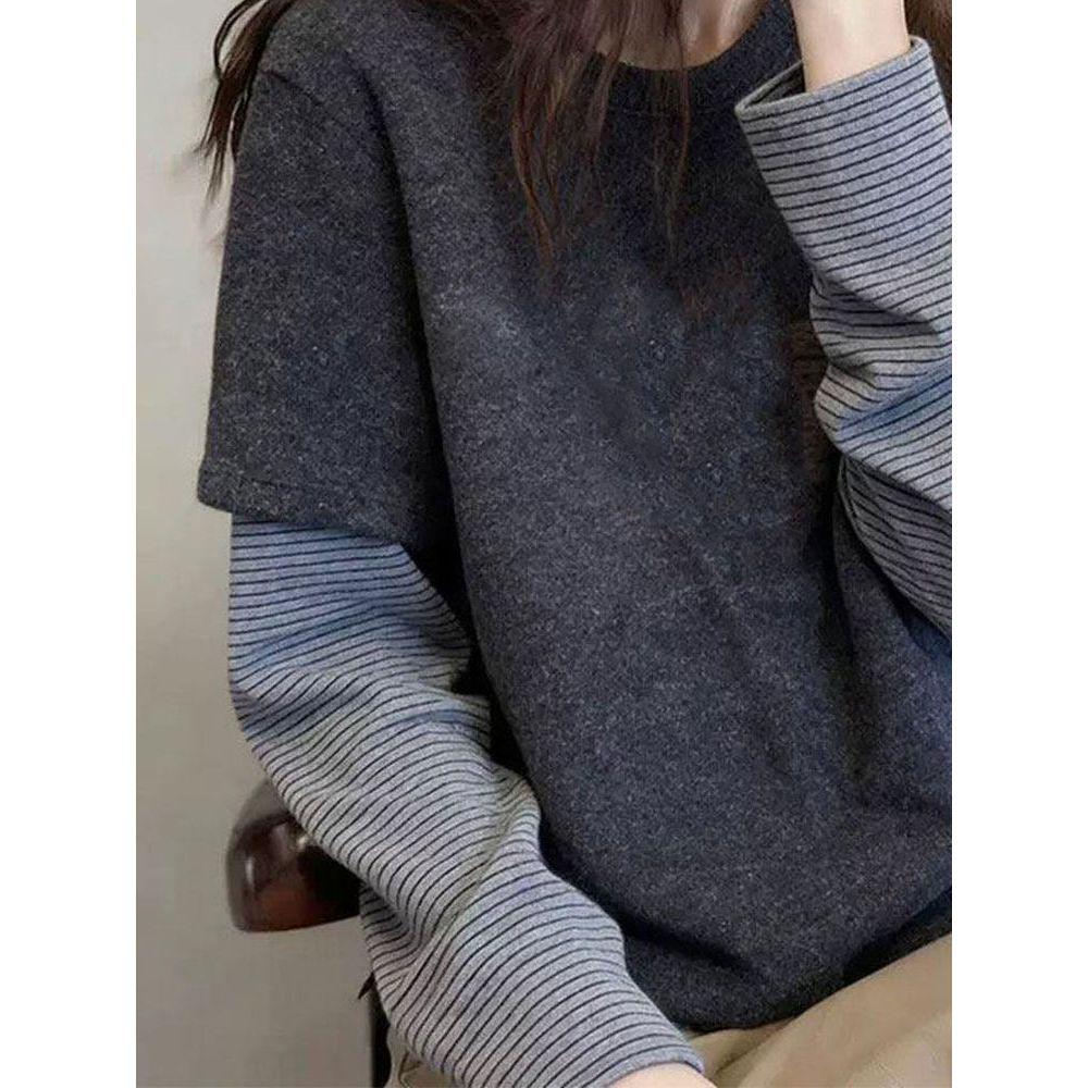 Korean Style Striped Patchwork Long Sleeve Women's Thermal T-Shirt - Versatile Fake Two-Piece Fleece Layer for Autumn/Winter