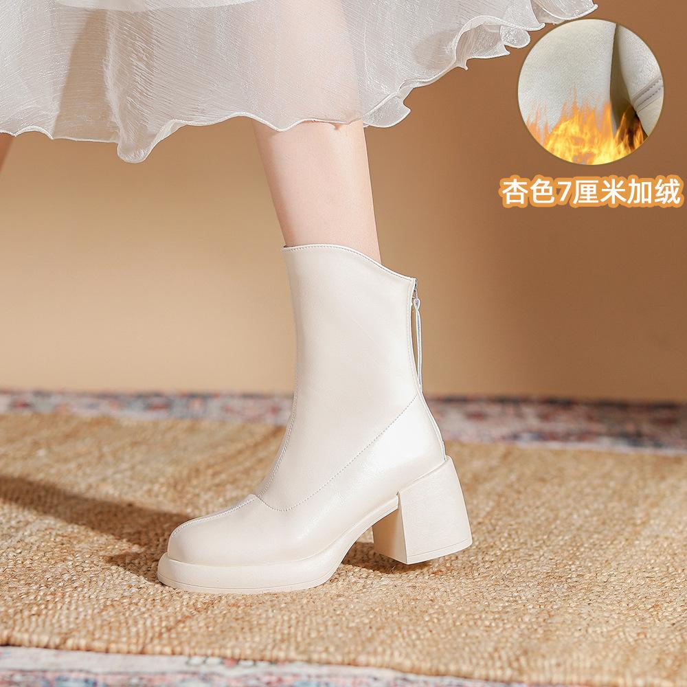 Autumn and winter new Korean small short boots women's thick heel thin boots round head super soft thick sole white short boots