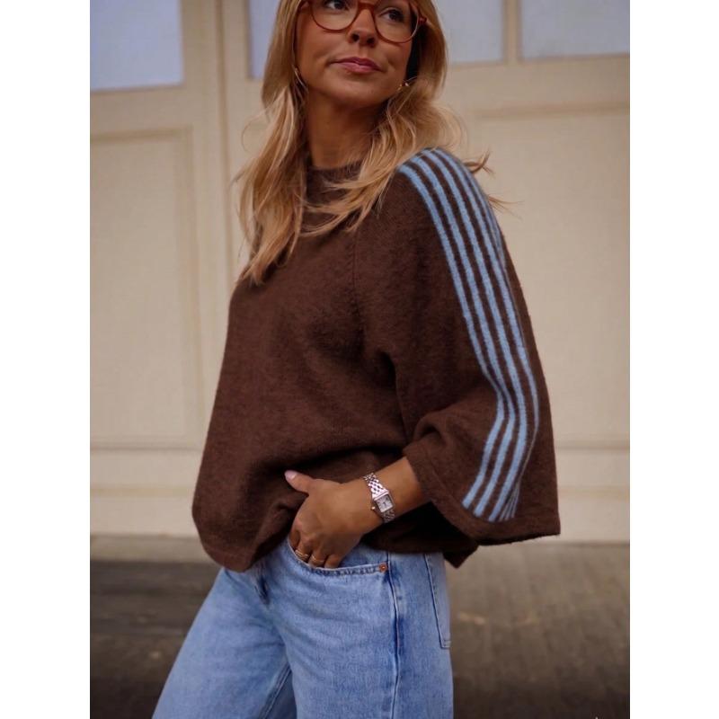 Women S Loose Fit 3 4 Sleeve Round Neck Striped Knit Sweater