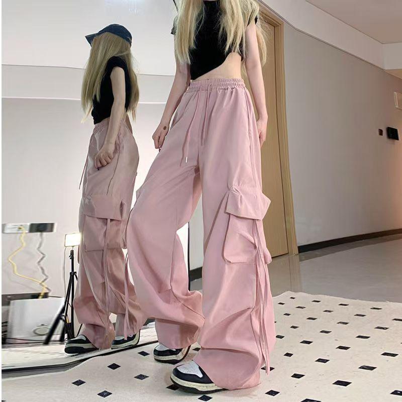 American Retro Niche Work Pants for Women Three-dimensional Pocket Waist Straight Wide-leg Streamers Loose Casual Floor Trousers