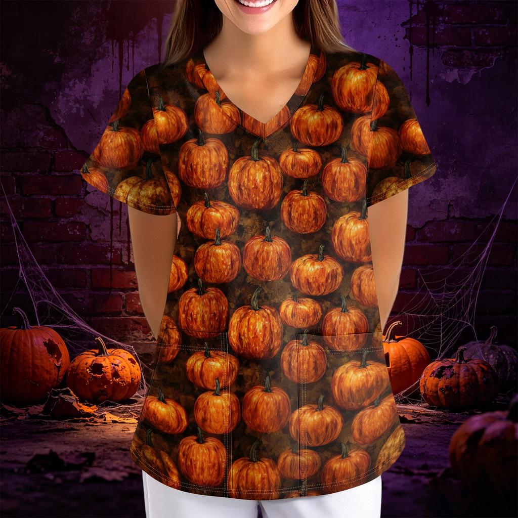 Womens Halloween Print Loose Fit V Neck Pocket Short Sleeve Scrub Top for Nurses and Professionals