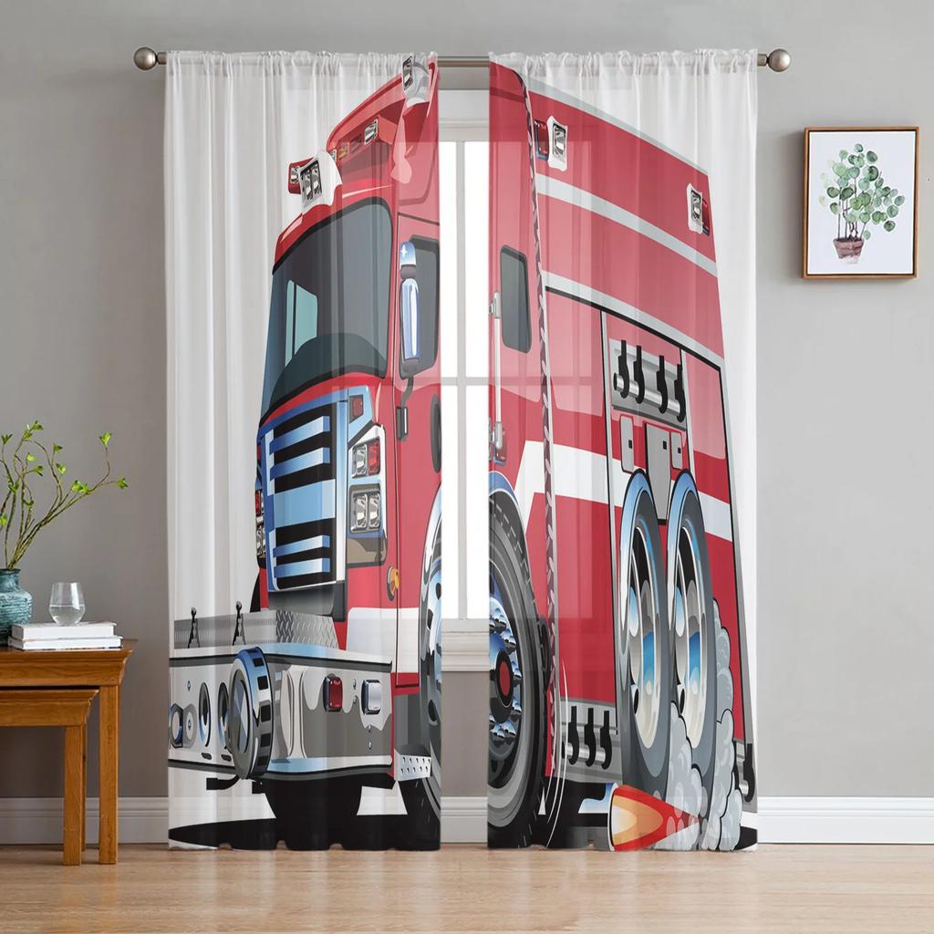 Truck Car Cartoon Voile Curtains Window Treatment Kitchen Living Room Bedroom Decoration Chiffon Tulle Modern Light Filtering Made Of Polyester