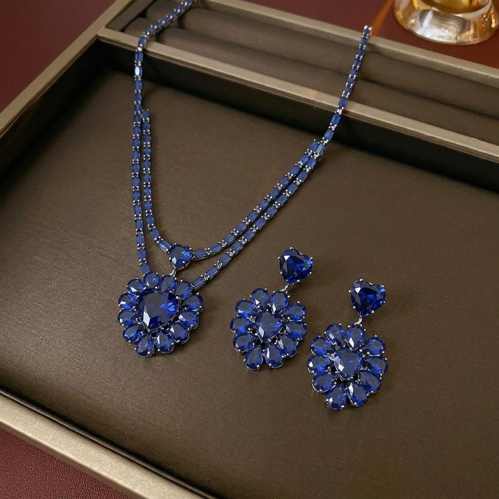 New Double-Layer Zircon Heart Necklace and Earrings Set - Blue Fashion Trend Accessories