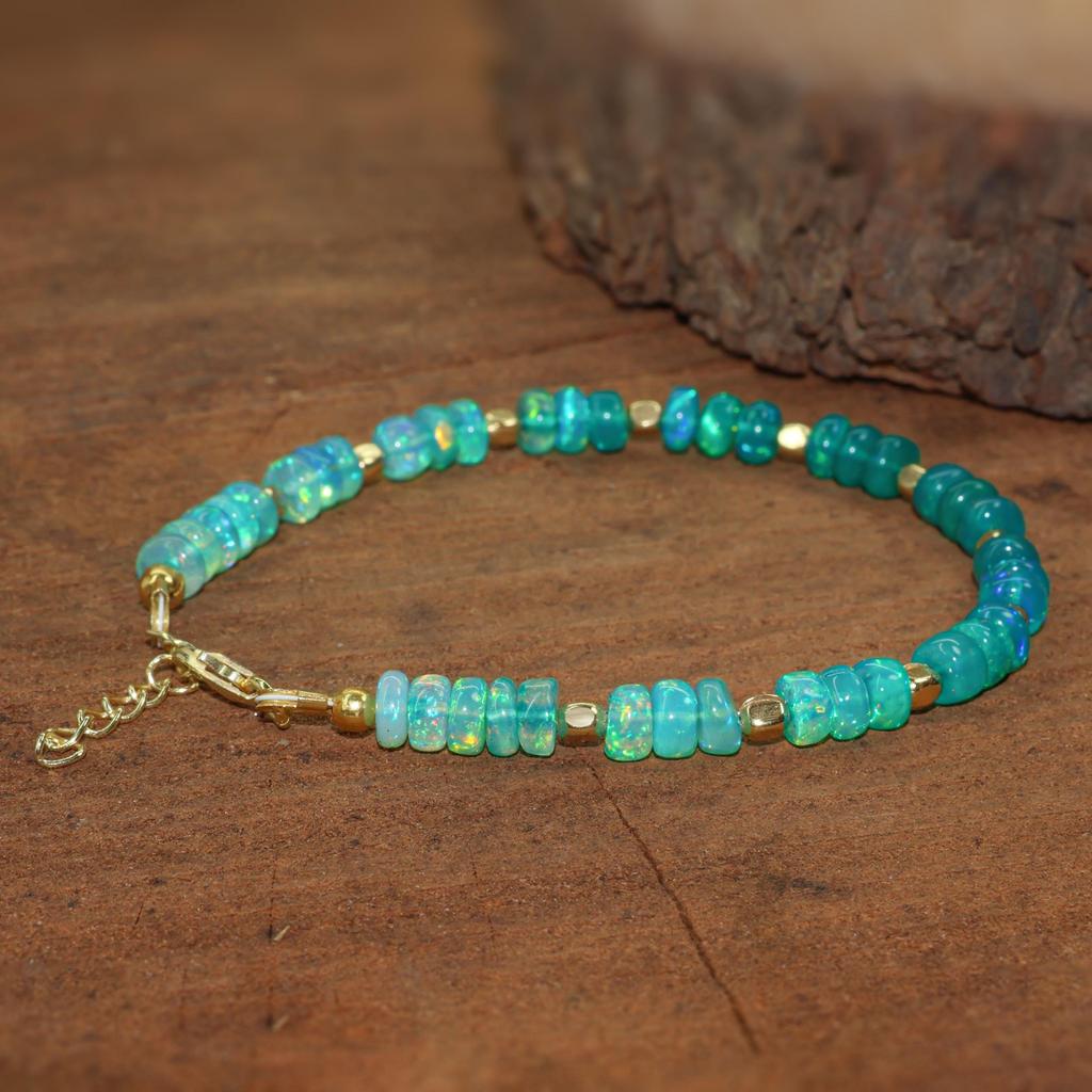 Fire Green Shaded Opal Three Beads Dainty Bracelet, Natural Opal Beaded Bracelet, Opal Birthstone Bracelet, Opal Gold Bracelet, Gift for Mom