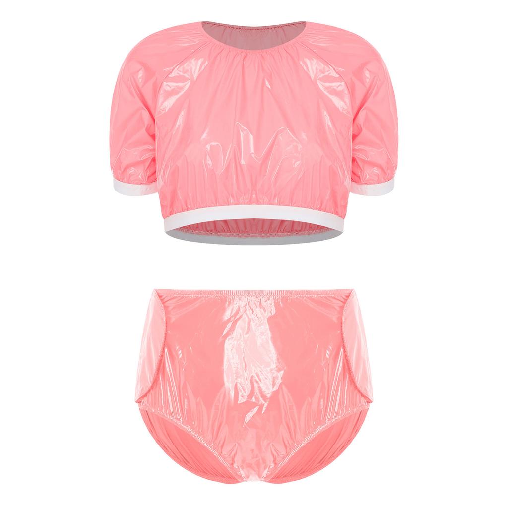 Damen Wasserdicht Vinyl Crop Top Kurzarm Klettverschluss Seiten Windelüberzug Shorts Anpassbares Badeanzug Set