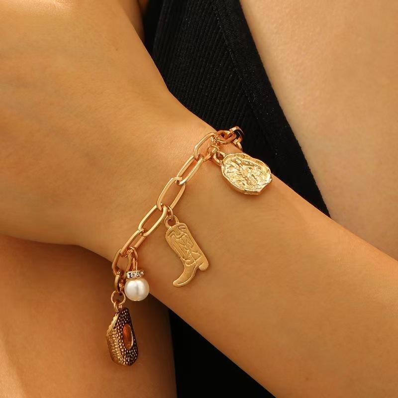 

New Western ethnic style cowboy hat boots pendant bracelet retro irregular pearl necklace versatile woman
