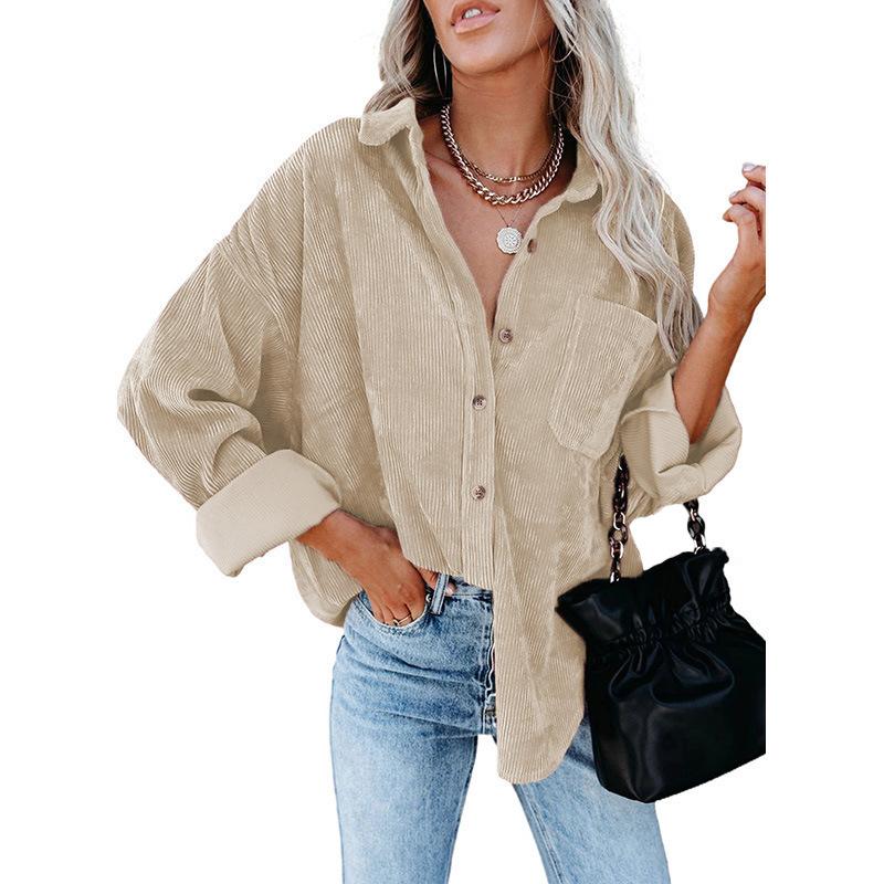 Damer Casual Manchestervårdblus Randig Damer Skjortjacka Vintage Knapp Ficka Lös Mode Blusar Toppar Plus Size