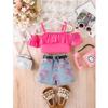 New Summer Girls' Denim Vest Top + Suspender Underwear + Green Pleated Skirt + Belt Four-piece Set