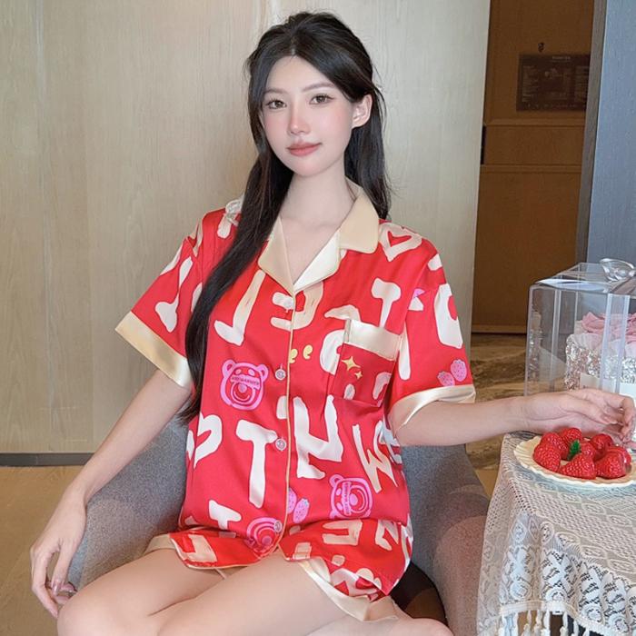 

Летняя пижама с коротким рукавом для женщин, элегантный розовый с буквенным принтом, женский комплект из 2 предметов, шелковая модная пижама, сексуальный атласный пижамный комплект, домашняя одежда XXL