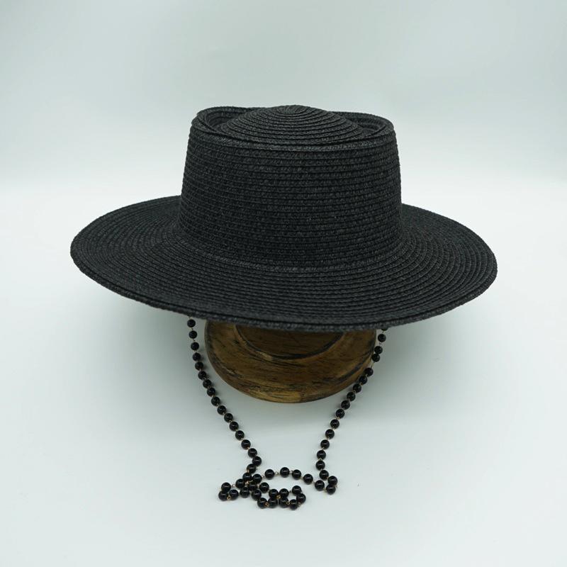 Street Shot Black Pearl Chain Flat Top Top Top Hat Women'S Summer French Retro European And American Wide Brim Sunscreen Straw Hat Foreign Trade Ins