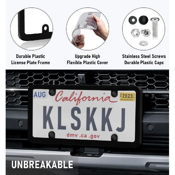 2 Pack Clear License Plate Cover And Frame Combo, License Plate Protector Unbreakable License Plate Shields Tag Holder Fits Standard US Plates With