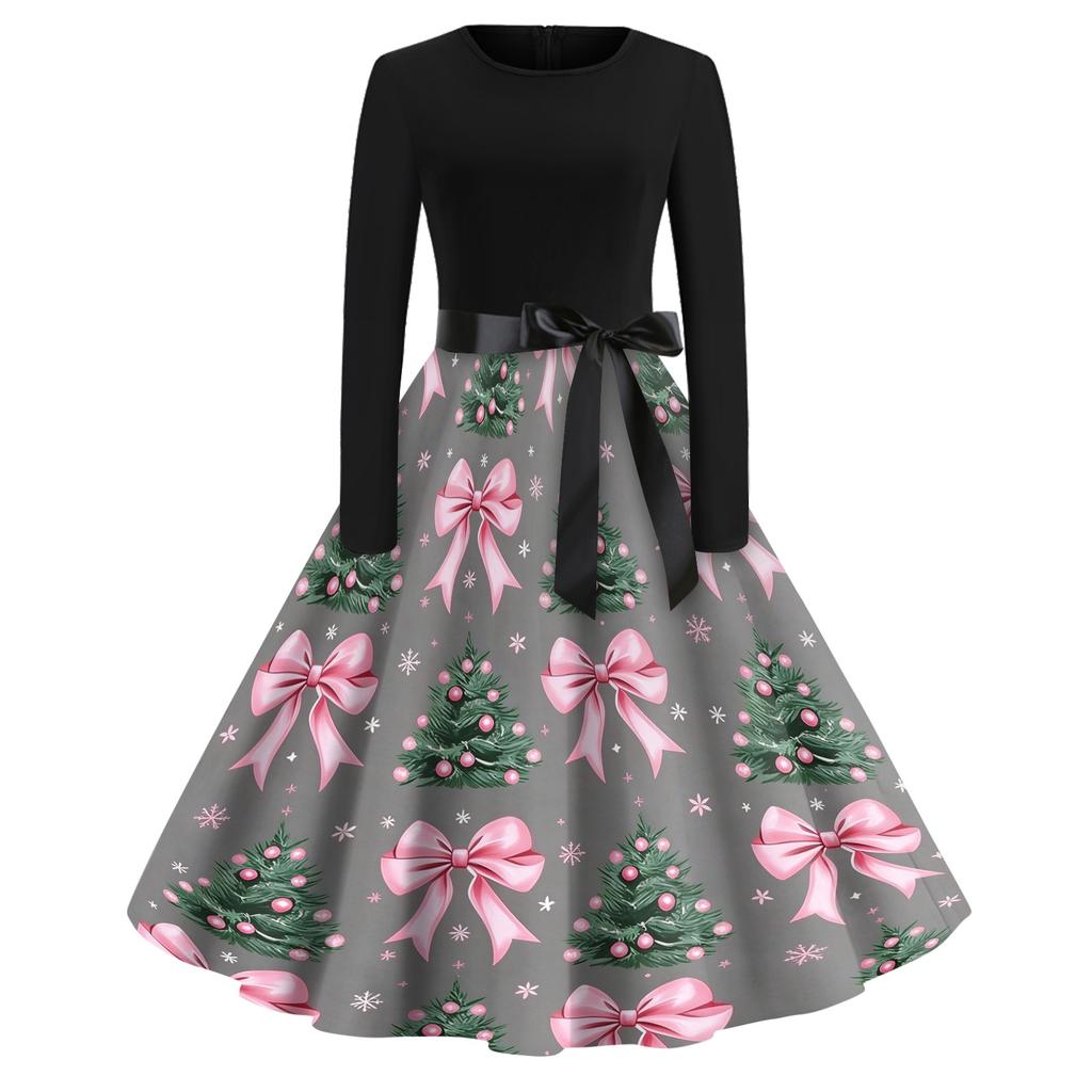 Women's Casual Christmas Print Dress with Neck, Vintage Holiday Dress