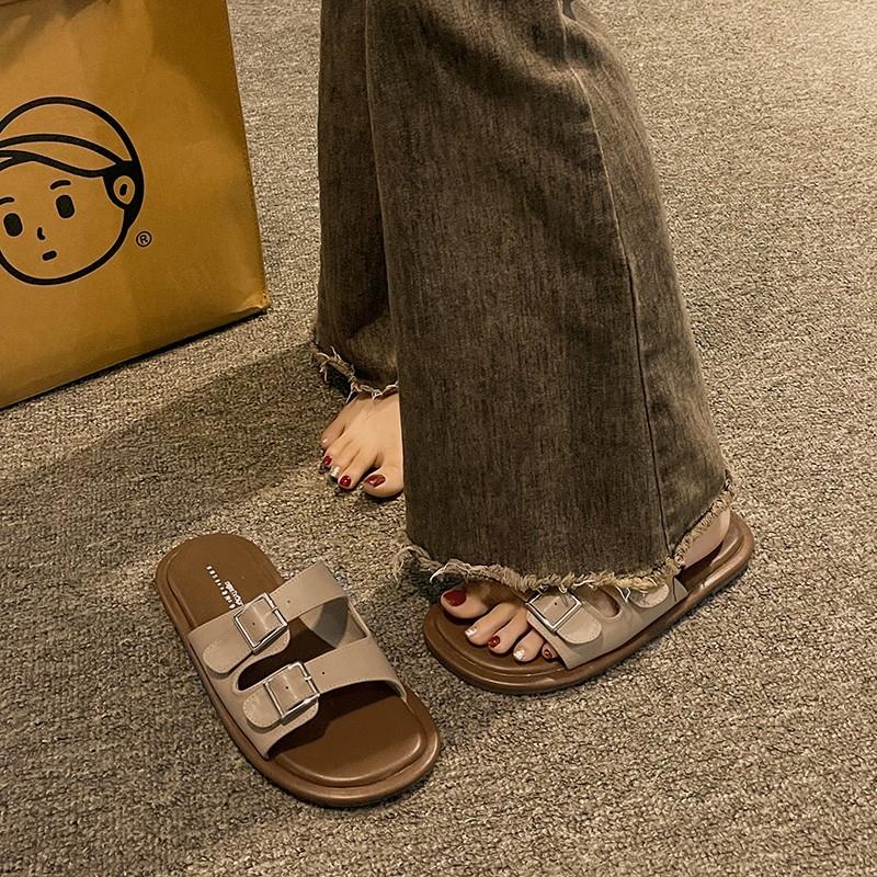 Slippers Casual Beach Shoes Slippers Women's Low Luxury Wooden Shoes Summer 2024 New Fashion Solid Color Sewing Casual