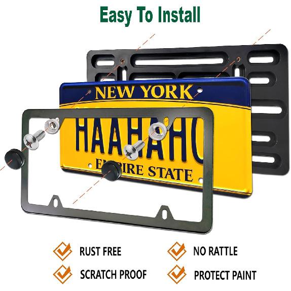 Aootf Front License Plate Mounting Kit- License Plate Bracket & Black Aluminum Car Tag Holder Cover Fit No Drilling Hole Front Bumper, Universal