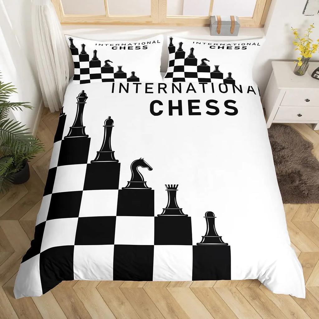 Chess Duvet Cover Set Chess Sports Games Bedding Sets Buffalo Plaid Check Comforter Cover Flowers Checkerboard Quilt Cover Queen