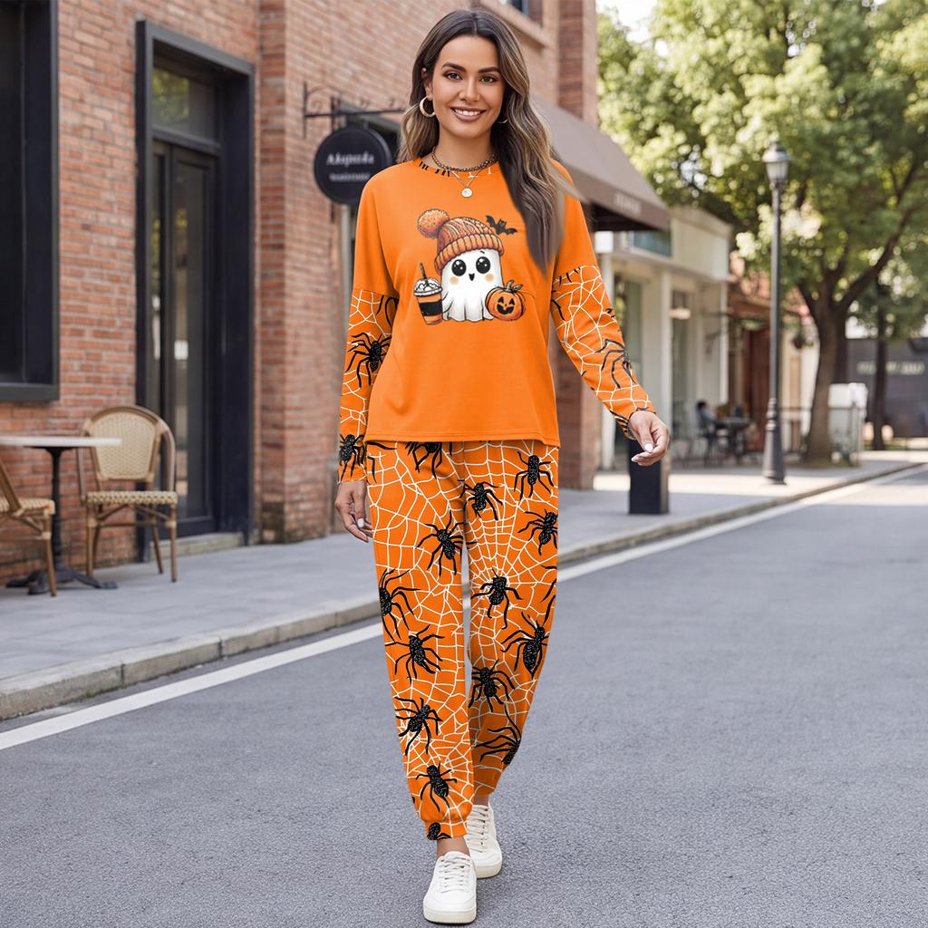 Women's Casual Sweatshirt and Jogger Set with Halloween Print, Round Neck, Loose Fit, Chest Pocket