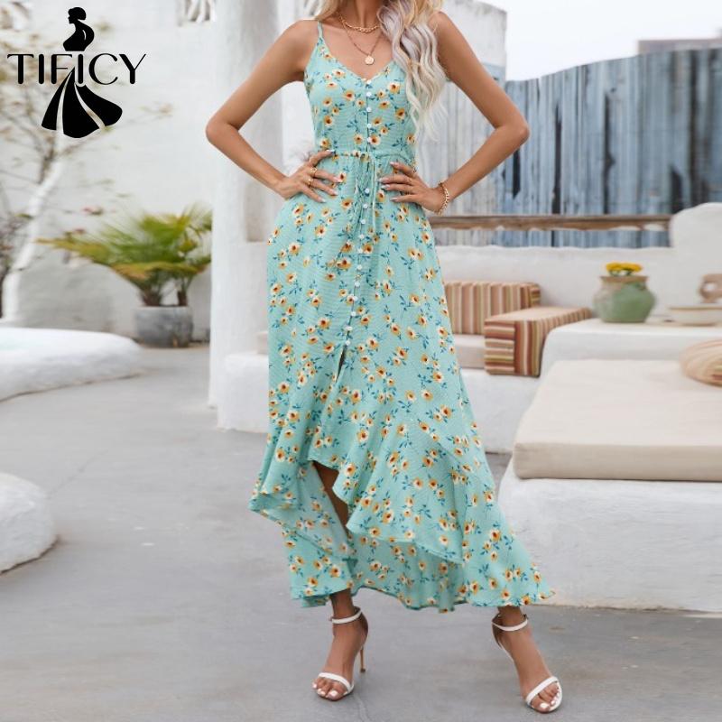 TIFICY Women's Fashion Summer Spring Flower Pattern Print Sleeveless V-Neck High Waist Casual Dresses