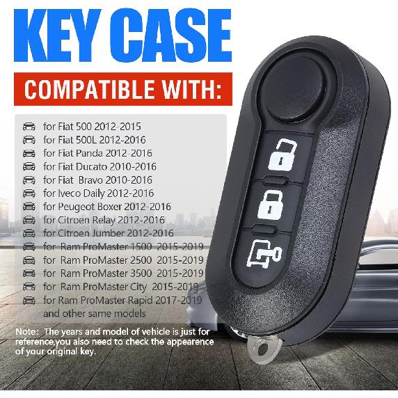 Car Key Fob Shell Case Replacement For RAM ProMaster 1500 2500 3500 City 2015-2019 for Fiat 500 Ducato 3 Buttons,Just The Key Shell