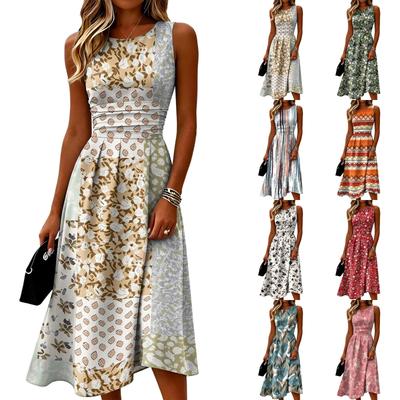Sleeveless Casual Dress for Women Round Neck Midi Length Relaxed Fit Lightweight Fabric Leaf Pattern Summer Dress