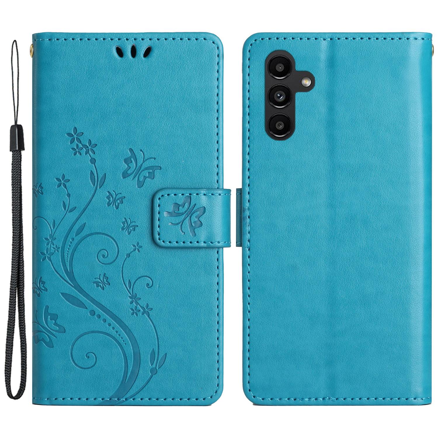 

For Samsung Galaxy M14 5G Imprinted Butterflies PU Leather Phone Case Wallet Cover Stand with Strap Blue
