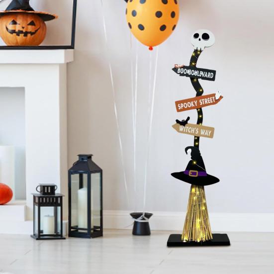 Halloween Wood Witch Broom Porch Sign Spooky Halloween Witch Broomstick for Indoor Outdoor Porch Yard Home Decor