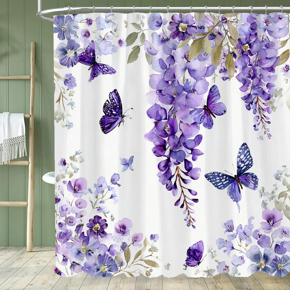 1pc Flowers Hummingbird Shower Curtain: Embrace the Artistic Design, Floral Bathroom Decorative Curtain, Home Curtain with Hooks