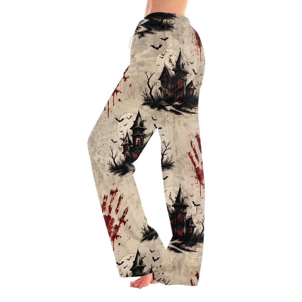 Women's Halloween Print Pants with Elastic Waist and Drawstring for Casual Home Sleepwear