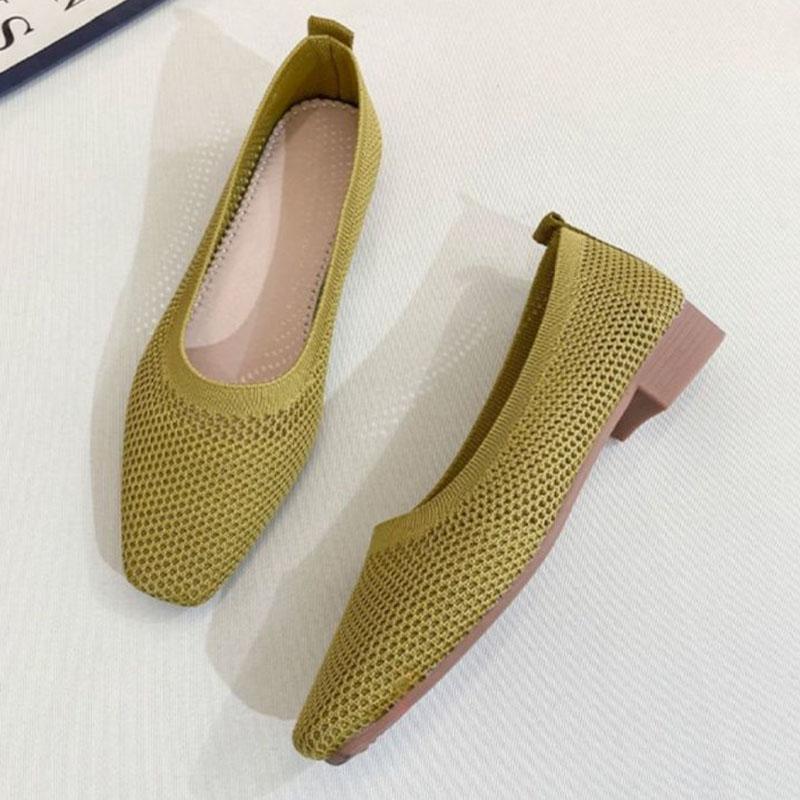 WTEMPO Soft Sole Single Shoes Women's Spring and Summer Square Toe Mesh Low Square Heel Solid Color Knitted Hollow Breathable Non-slip Woven Shoes