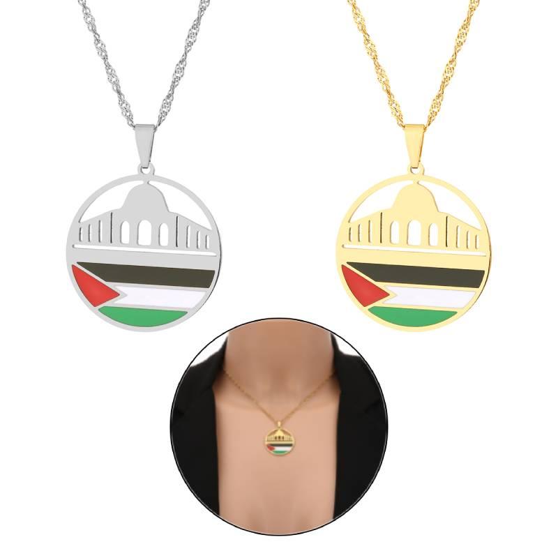 Ethnic Style Aksha Mosque And Palestine Pendant Necklace For Men And Women Stainless Steel Jewelry