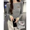 Gray Fake Two-piece Design Long-sleeved T-shirt for Women In Early Autumn, Slim Fit, Elastic, Casual, Pure Lust, Temperament, Contrasting Colors