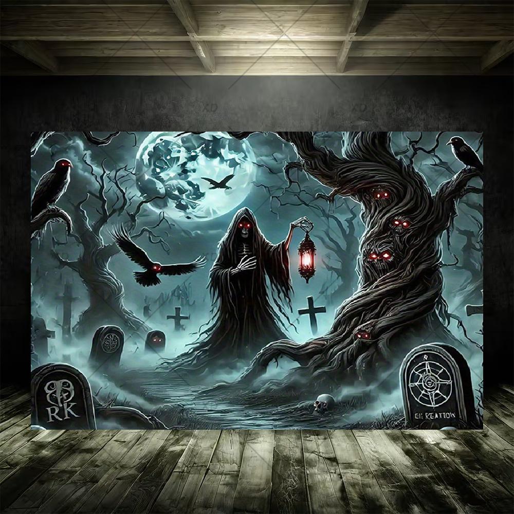 Grim Reaper Horror Halloween Party Decoration Background Spooky Graveyard Cemetery Backdrop Cosplay Photo Booth Studio Banner