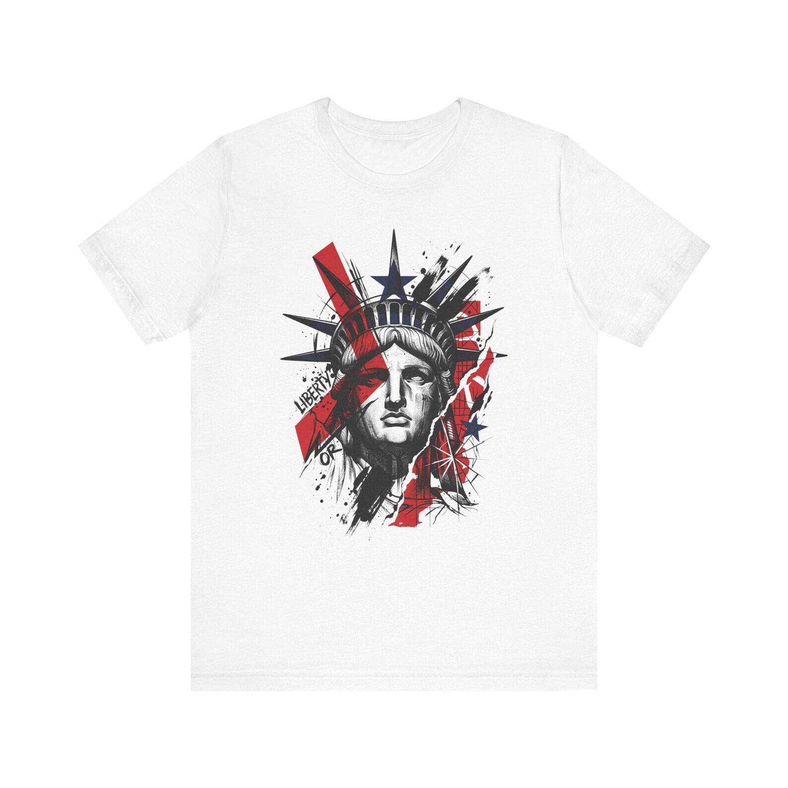 Liberty Statue Graphic T-Shirt | Statue of Liberty Portrait, Red and Black Urban American Design L