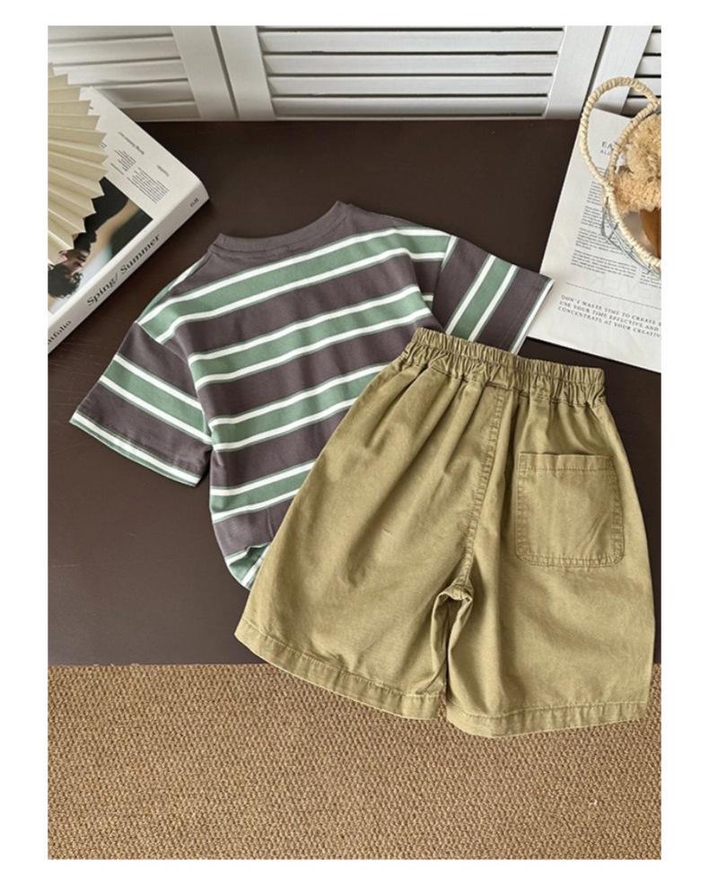 2025 Summer Boys' Pure Cotton Striped T-Shirt Set - Short & Half Sleeve Options