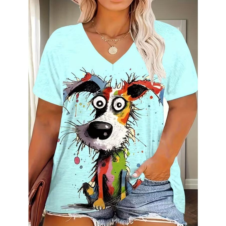 XL-7XL Plus Size Women's Men Animal Dog Casual 3D Print Loose V Neck Short Sleeved T-shirt Top