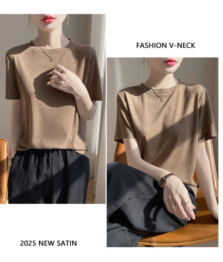 Women's Summer Tencel Lyocell Short Sleeve Round Neck Solid Color Loose Top