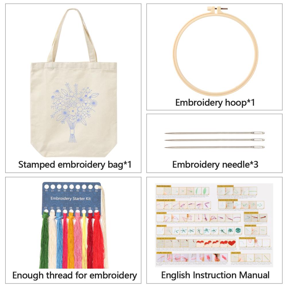 Needlepoint Embroidery Hoops Thread Embroidery Kit Flower Pattern Instructions Canvas Tote Bag