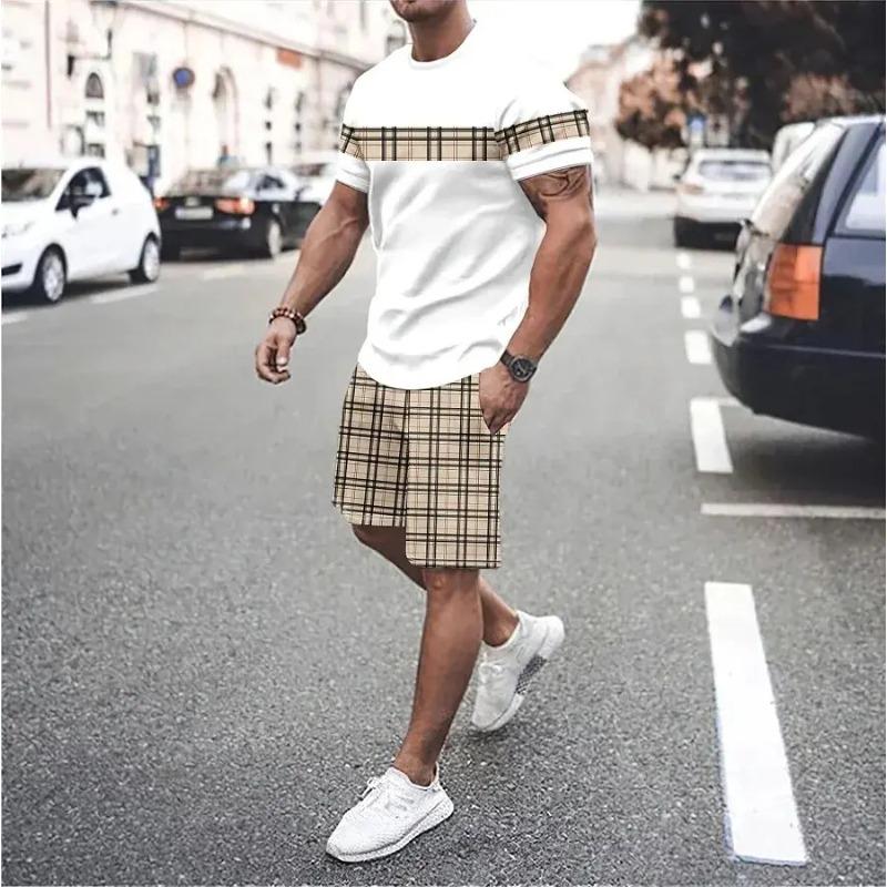 Set T-shirt a Strisce Casual da Uomo e Pantaloncini Estate Traspirante Completo Due Pezzi per Spiaggia, Vacanze e Tempo Libero all'Aperto