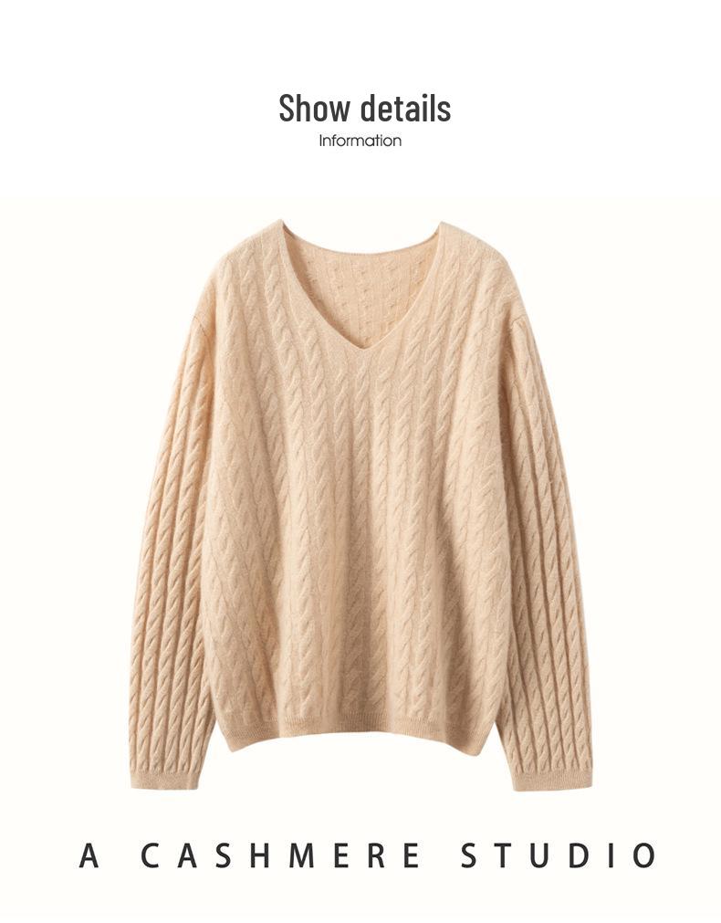 Women's Cashmere V-Neck Sweater - Aran Jacquard Knit, Loose Fit, Autumn Style