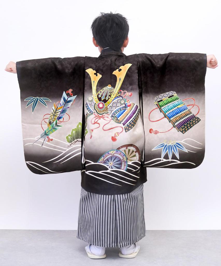 Age Kimono and Hakama Patterned Helmet Black Black [KYOETSU] [Kyouetsu] Boys' Shichi-Go-San (7-5-3) Ceremony, 5, Set, ((13) - + Stripe)