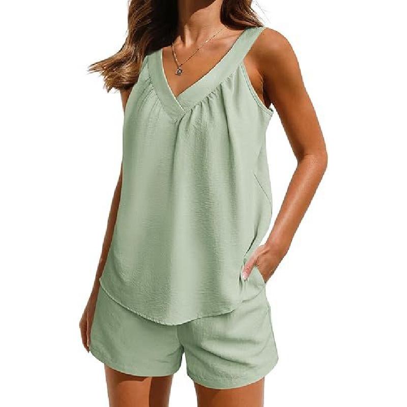 Women Sleeveless V Neck Two Piece Pajama Set With Loose Tank Top And Pocket Shorts For Casual Home Lounge Sleepwear Summer Daily Wear Outfit