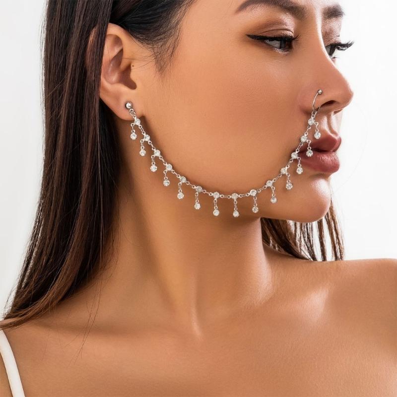 Elegant Rhinestones Fringe Chain Ear Stud Nose Clip Elegant Fake Nose Clip Jewelry Punk Earrings Chain for Women Girl